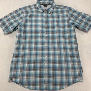 ExOfficio Shirt Mens Large Blue Green Plaid Short Sleeve Travel Hiking Outdoor